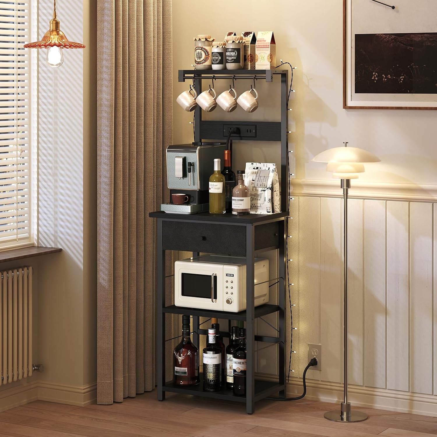 MAHANCRIS Bakers Rack with Mini Fridge Shelf and Bakers Rack with Drawer Bundle, Microwave Stand with Power Outlet, BRHR5401-BRBK48E01