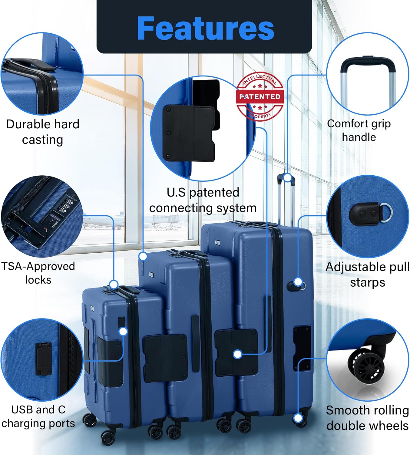 TACH Patented Connecting Hard Shell 3 Piece Luggage Set - 20, 24 & 28 inch Luggage | Carry-On, Medium & Large Rolling Suitcases - Midnight Blue
