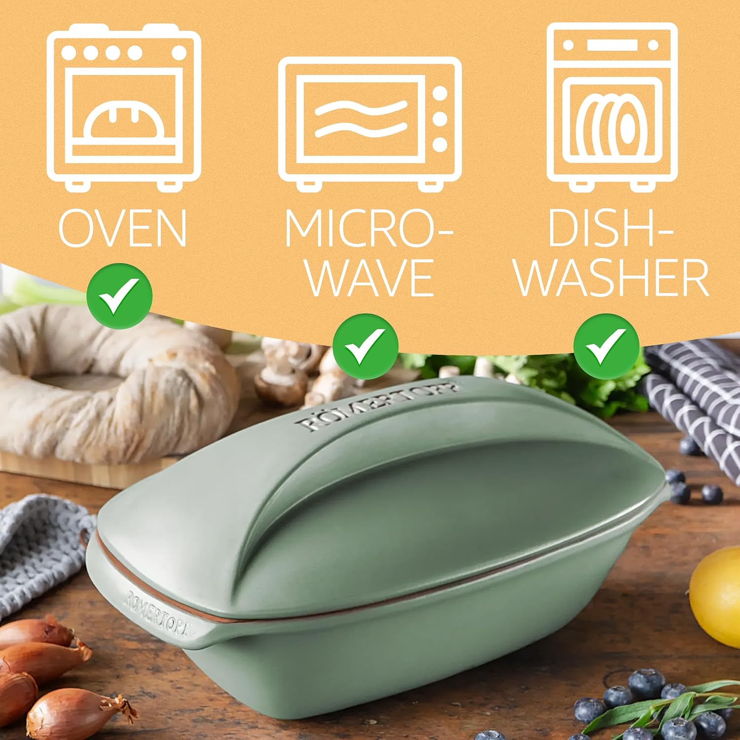 Romertopf Culinario Clay Roaster | Non-Stick Dutch Oven | Healthy Pot Cooking | Clay Baker | Versatile Cooking Vessel - 3.2 Quart (3 Liters) For Up To 4 People - Green