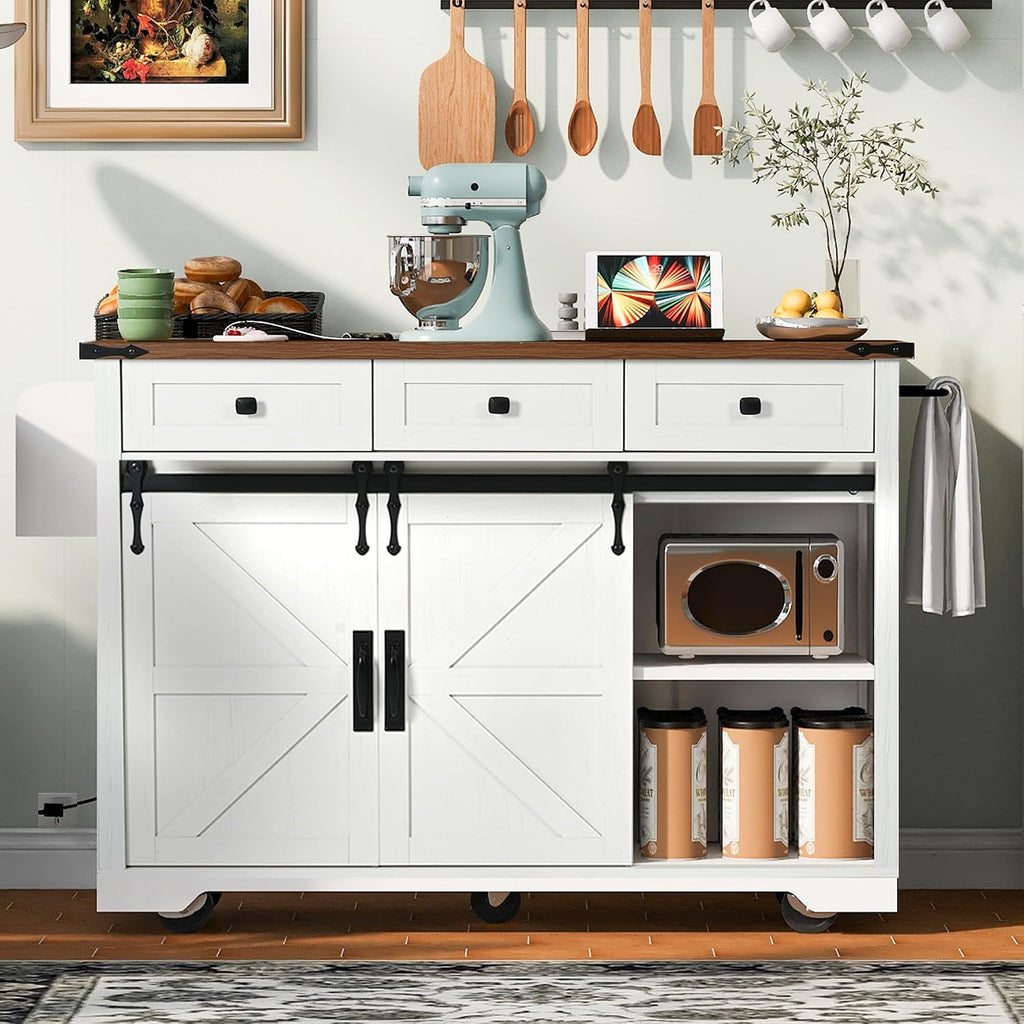 Farmhouse Kitchen Island with Power Outlet, 2 Sliding Barn Door and Drop Leaf, Spice Rack Rolling Kitchen Cart on Wheels for Home and Dining Room (White/P)