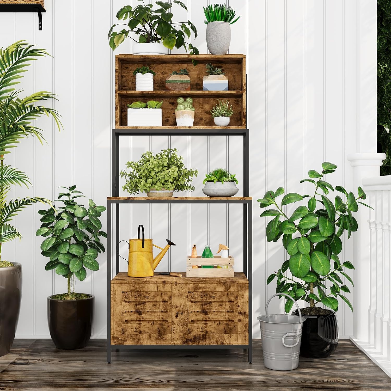 Rustic Brown 5-Tier Bakers Rack with Power Outlet, 67.7'' Industrial Microwave Stand, Kitchen Storage Cabinet & Open Shelves, Multi-Purpose Coffee Bar for Pots, Pans & Spices