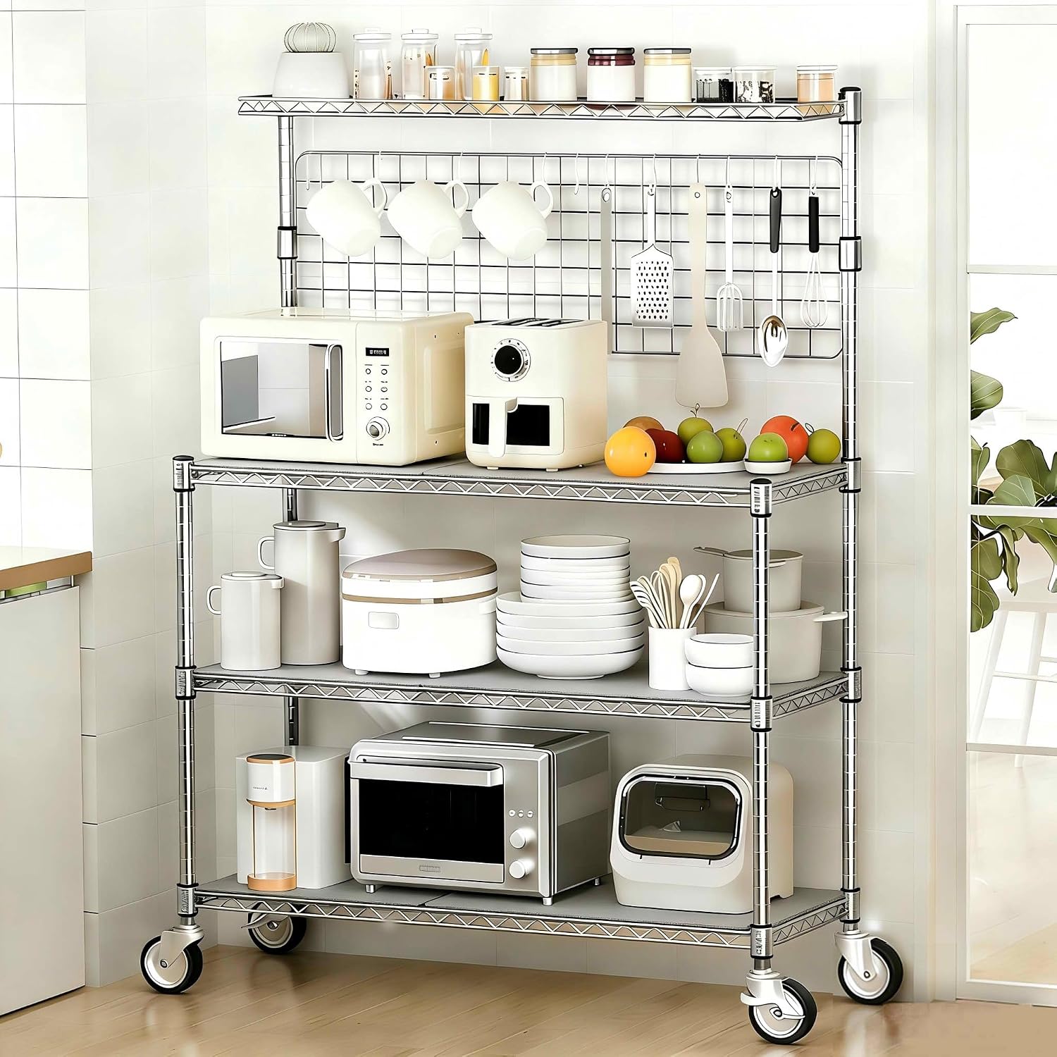 Leteuke Bakers Rack with Storage & Wheels, 42 Inch Microwave Stand Kitchen Shelves, 4-Tier Heavy Duty Storage Rack with 20 S-Hooks, Commercial Metal Utility Kitchen Cart, 42× 18× 63 Inch, Chrome