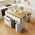 Farmhouse Kitchen Island with Drop Leaf and 2 Seatings, Kitchen Table Set with Storage Cabinet, Drawers, Door Shelves and Power Outlet, White+Rustic Brown