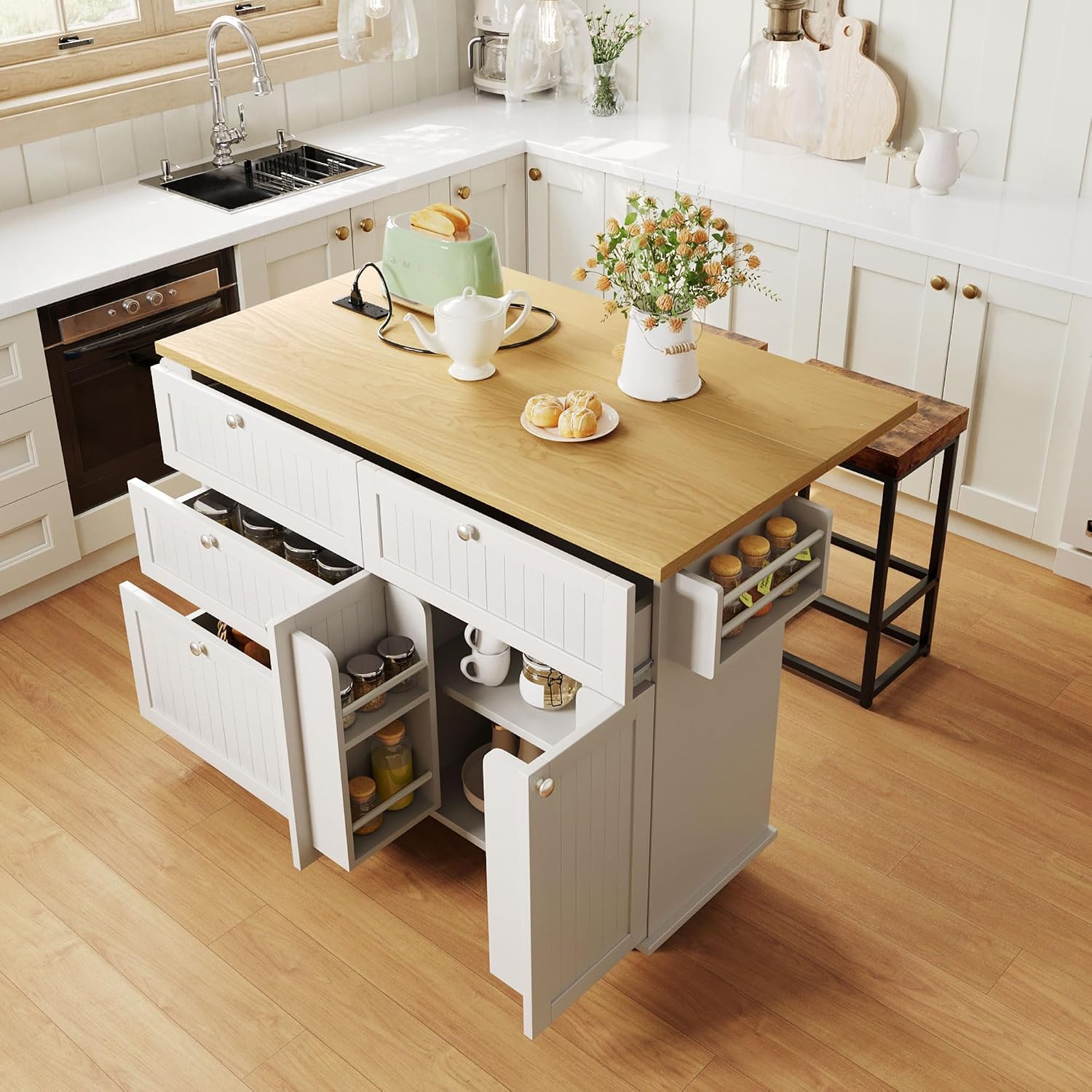 Farmhouse Kitchen Island with Drop Leaf and 2 Seatings, Kitchen Table Set with Storage Cabinet, Drawers, Door Shelves and Power Outlet, White+Rustic Brown