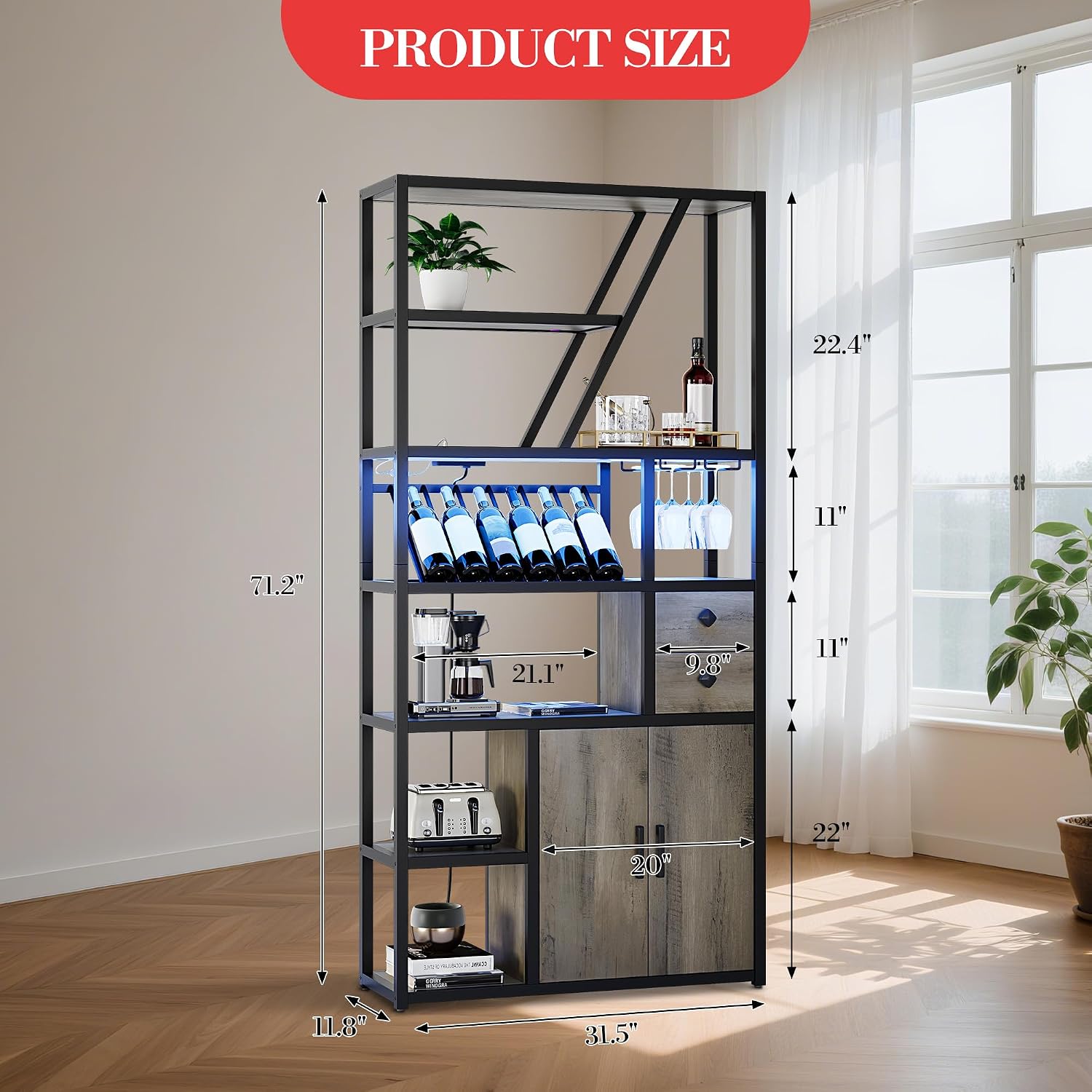 Wine Bar Cabinet with LED Lights, Tall Coffee Bar Station with Power Outlets, Wine Rack, Kitchen Microwave Stand Bakers Rack Cabinet for Living Room - Power Outlets Convenience