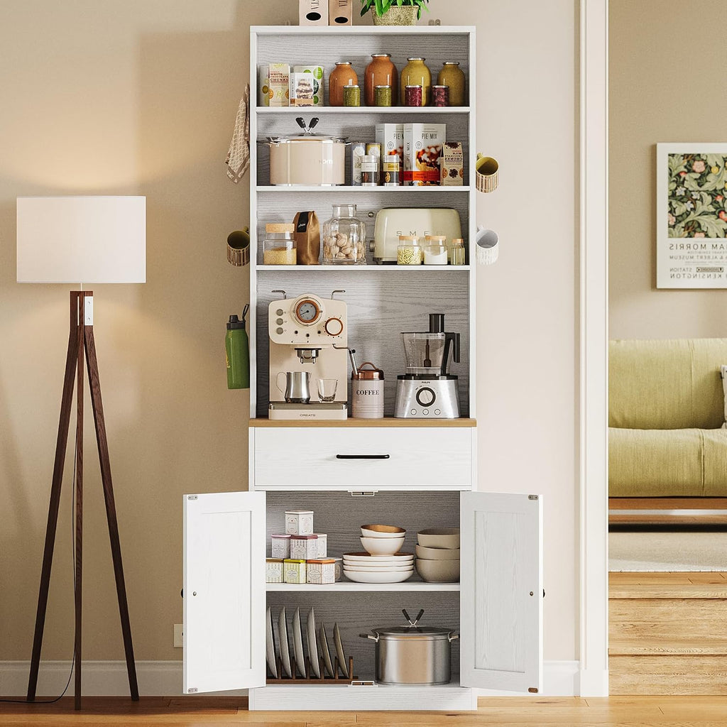 IRONCK Bakers Rack Microwave Stand with Customizable Pegboard and Storage, 71' Farmhouse Coffee Bar Cabinet with Drawer, Barn Doors, Adjustable Shelves for Kitchen, Dining Room, 23.6' White