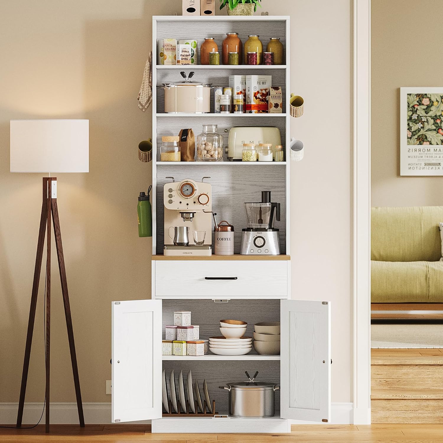 IRONCK Bakers Rack Microwave Stand with Customizable Pegboard and Storage, 71' Farmhouse Coffee Bar Cabinet with Drawer, Barn Doors, Adjustable Shelves for Kitchen, Dining Room, 23.6' White
