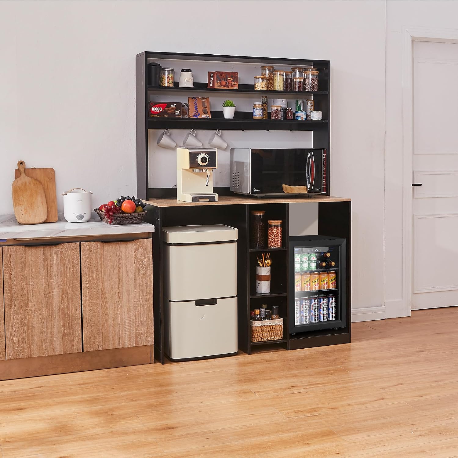 69' Coffee Bar with Mini Fridge Space, Mini Fridge Cabinet with Power Outlet, Liquor Wine Cabinet, Microwave Stand with Storage, Refrigerator Stand for Kitchen, Apartment, Home Bar, Dorm