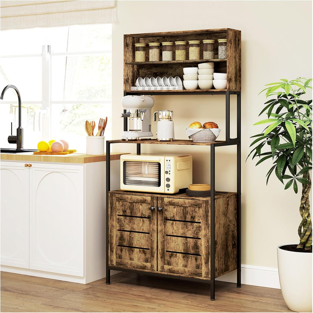 Bake Rack with Power Outlet, Kitchen Microwave Rack with Storage Space, Two Ac Outlets and Two U+B Ports, Rustic Brown (Brown)