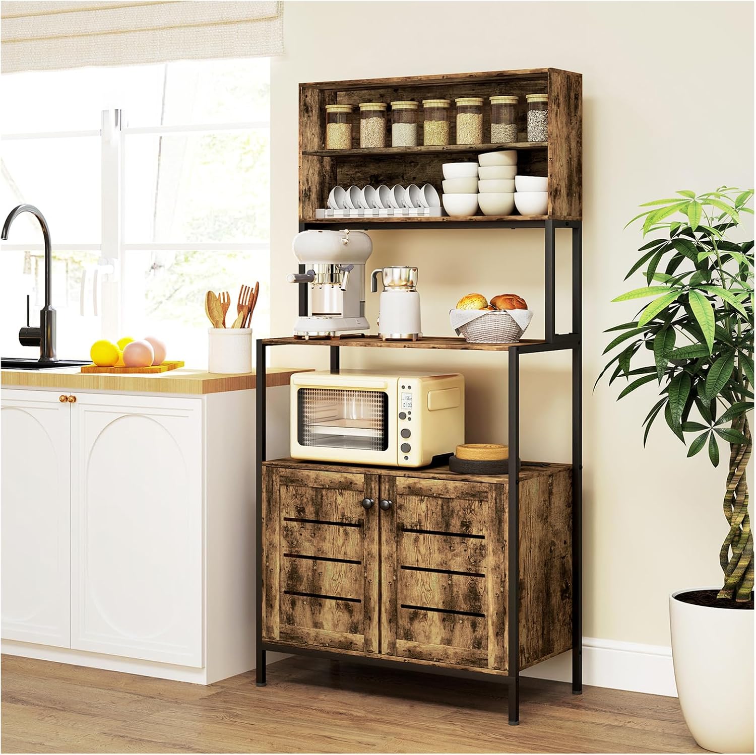 Bake Rack with Power Outlet, Kitchen Microwave Rack with Storage Space, Two Ac Outlets and Two U+B Ports, Rustic Brown (Brown)