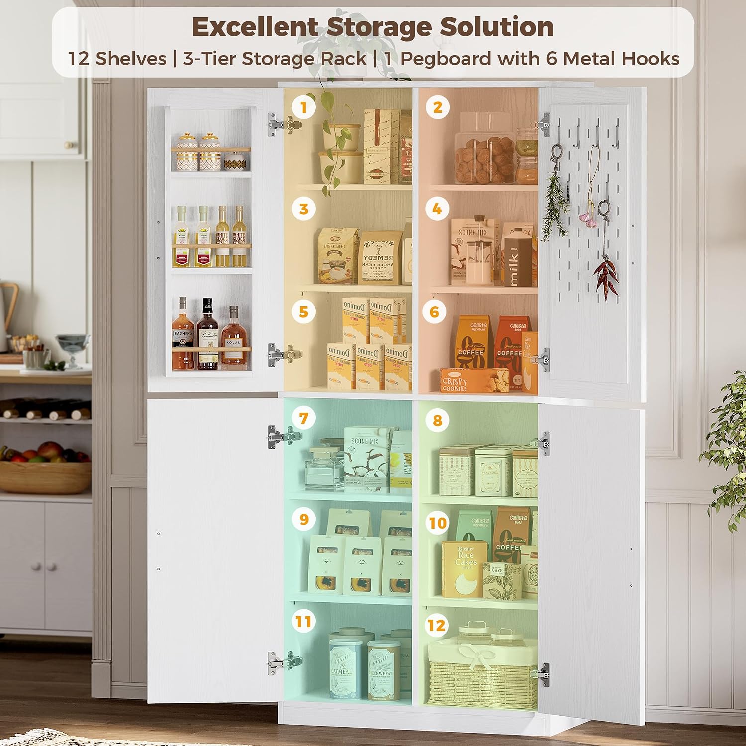 IRONCK 71' Kitchen Pantry Storage Cabinet with Storage Rack, Pegboard Doors, 4 Adjustable Shelves, Food Pantry Cabinet, Freestanding Tall Cupboard for Dining Room, Kitchen, White