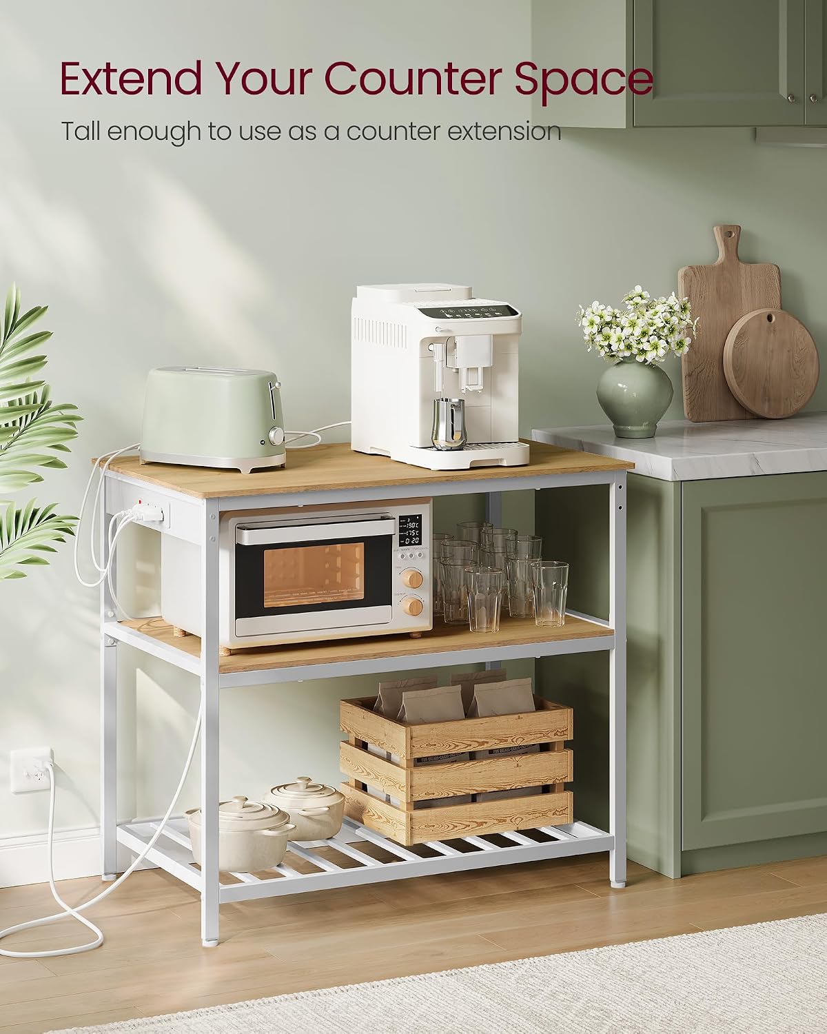 VASAGLE Kitchen Island with 3 Shelves, Kitchen Shelf with Power Strip, 23.6 x 39.4 x 34.9 Inches, Large Worktop, Steel Structure, Industrial, Easy to Assemble, Oak Color and White UKKI105Y01