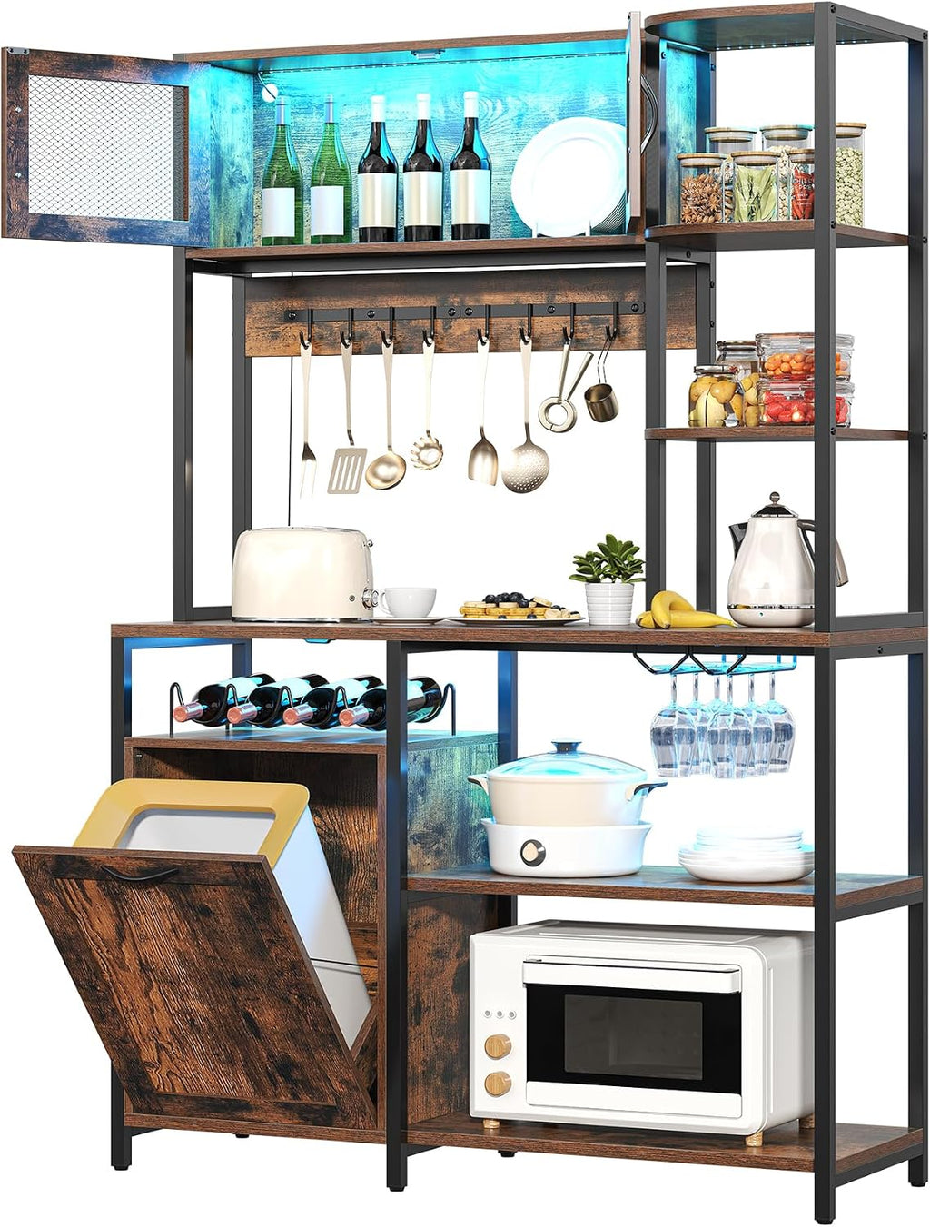 Bakers Rack with Power Outlet and LED Light, 6-Tier Commercial Bakery Racks, Kitchen Microwave Stand with Storage Cabinet, Kitchen Tilt Out Trash Cabinet, 15.8' D x 42.5' W x 67.8' H, Brown