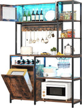 Bakers Rack with Power Outlet and LED Light, 6-Tier Commercial Bakery Racks, Kitchen Microwave Stand with Storage Cabinet, Kitchen Tilt Out Trash Cabinet, 15.8' D x 42.5' W x 67.8' H, Brown