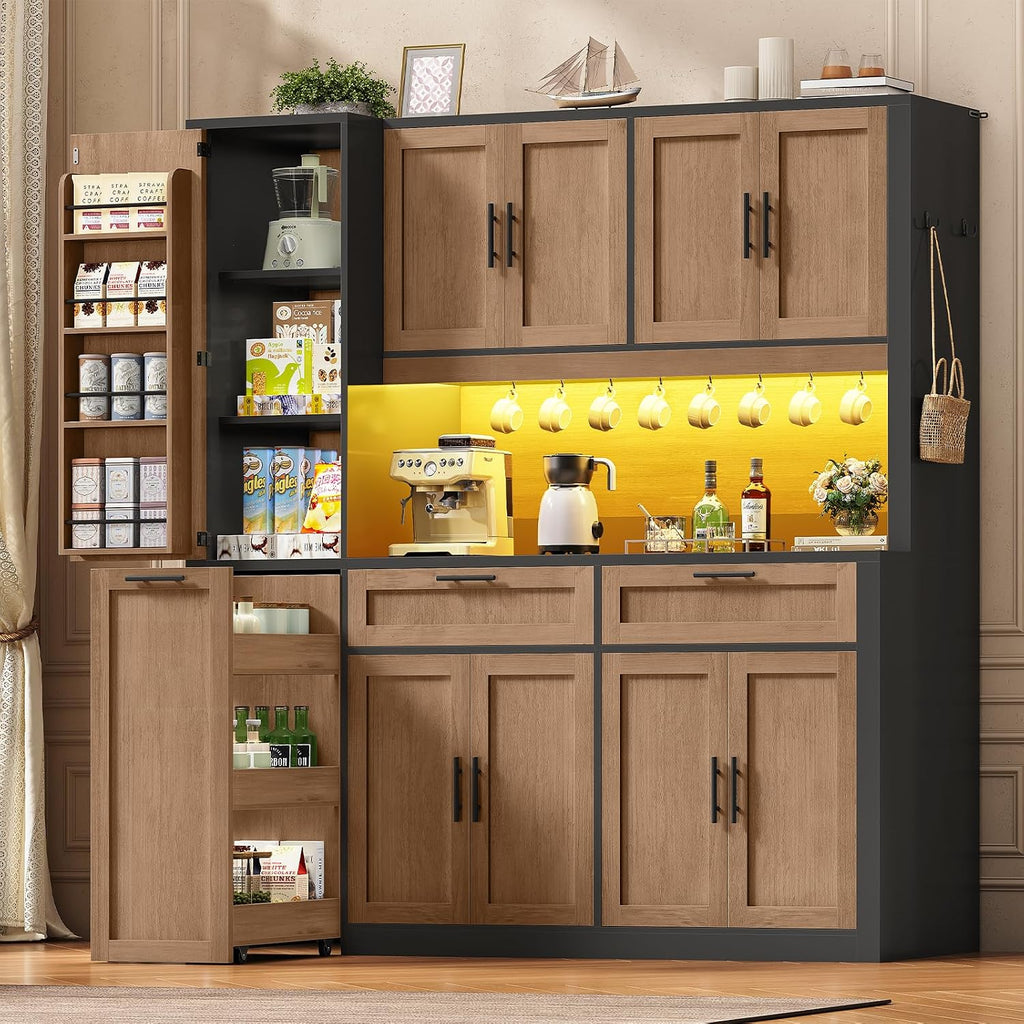 Itaar 71' Kitchen Pantry Cabinet with Charging Station and Led Light, Kitchen Storage Cabinets with Microwave Stand, 59' Wide Pantry Storage Cabinet with Storage Cart 3 Tier for Dining Room, Brown
