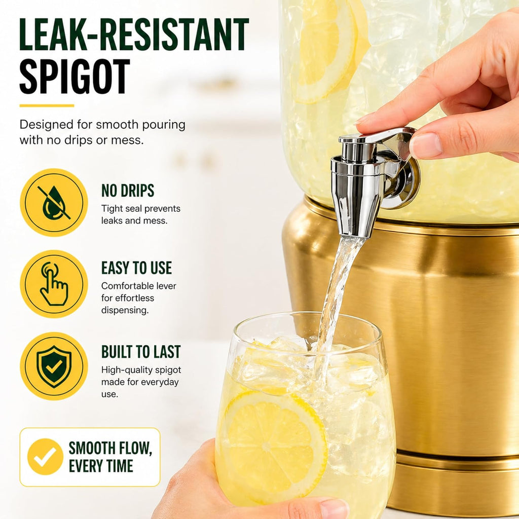 Drink Dispenser with Ice Chambers, Lemonade Tea Water Dispenser with Spigot, Stainless Steel Beverage Jar Jug, Perfect for Home Parties, Weddings, Gifts & Events (Gold, 5, Gallons)