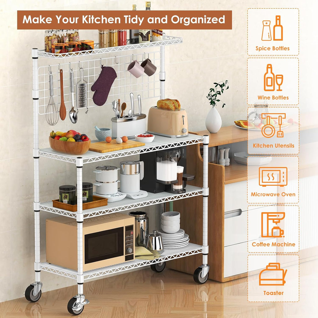 Leteuke 42 Inch Bakers Rack with Wheels, 4-Tier Microwave Stand Kitchen Shelves, NSF Certified Kitchen Storage Cart, Heavy Duty Utility Cart with 20 Hooks & Shelf Liners, 42× 18× 63 Inch, White
