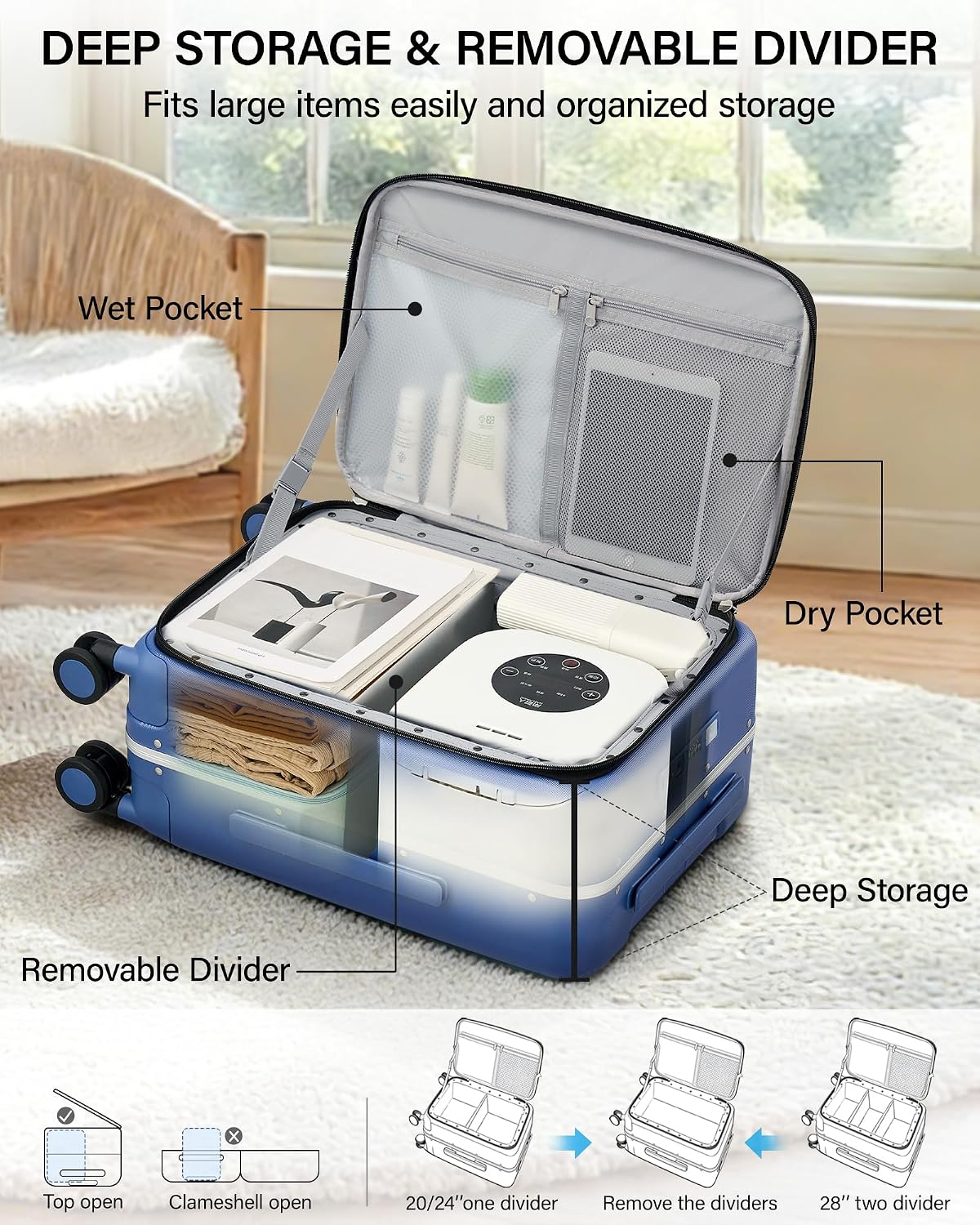 Hanke 20 Inch Top Opening Carry On Luggage with Cup Holder, Hard Shell Suitcase with Spinner Wheels, USB Ports, TSA Lock Aluminum Frame, Dry Wet Separation & Removable Divider, Interstellar Blue