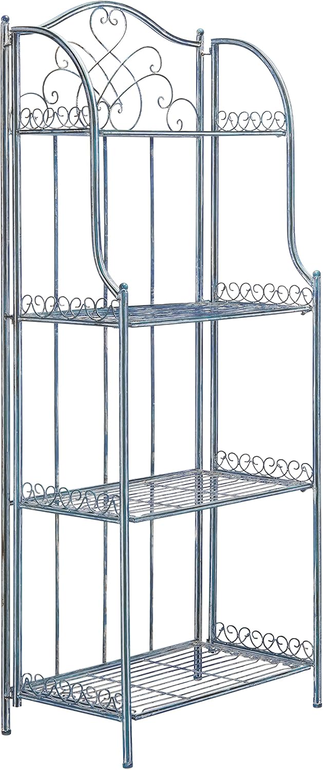 SAFAVIEH Outdoor - Amaris 4-Tier Bakers Rack - Mossy Blue Iron Metal - Vintage Victorian Scrollwork - Ideal for Patio, Deck, Porch, Sunroom, 14.5' W x 25' D x 63' H (PAT5014C)
