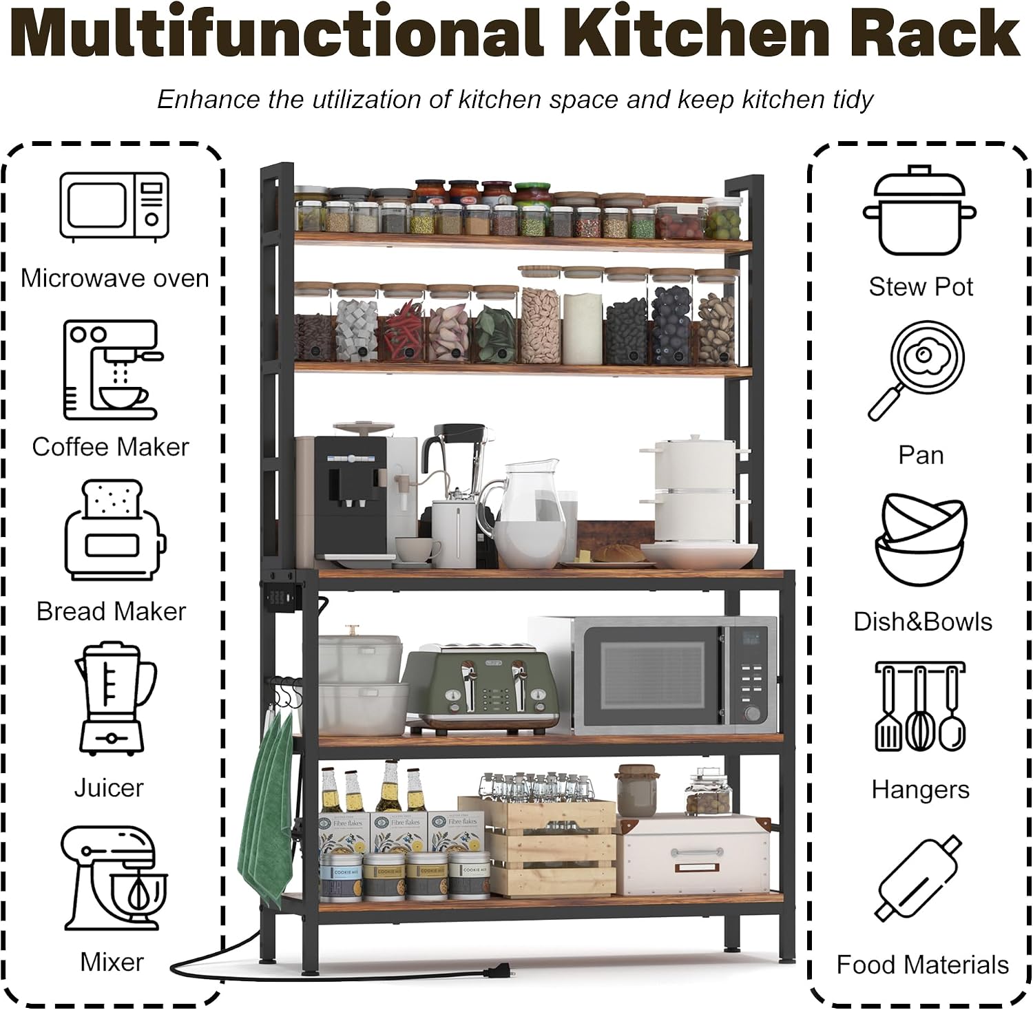 Baker Rack with Power Outlet,5-Tier Free Standing Storage Shelf Rack with Hooks,Microwave Stand with Storage, Metal Kitchen Shelf Rack for Spices,Coffee Bar Station