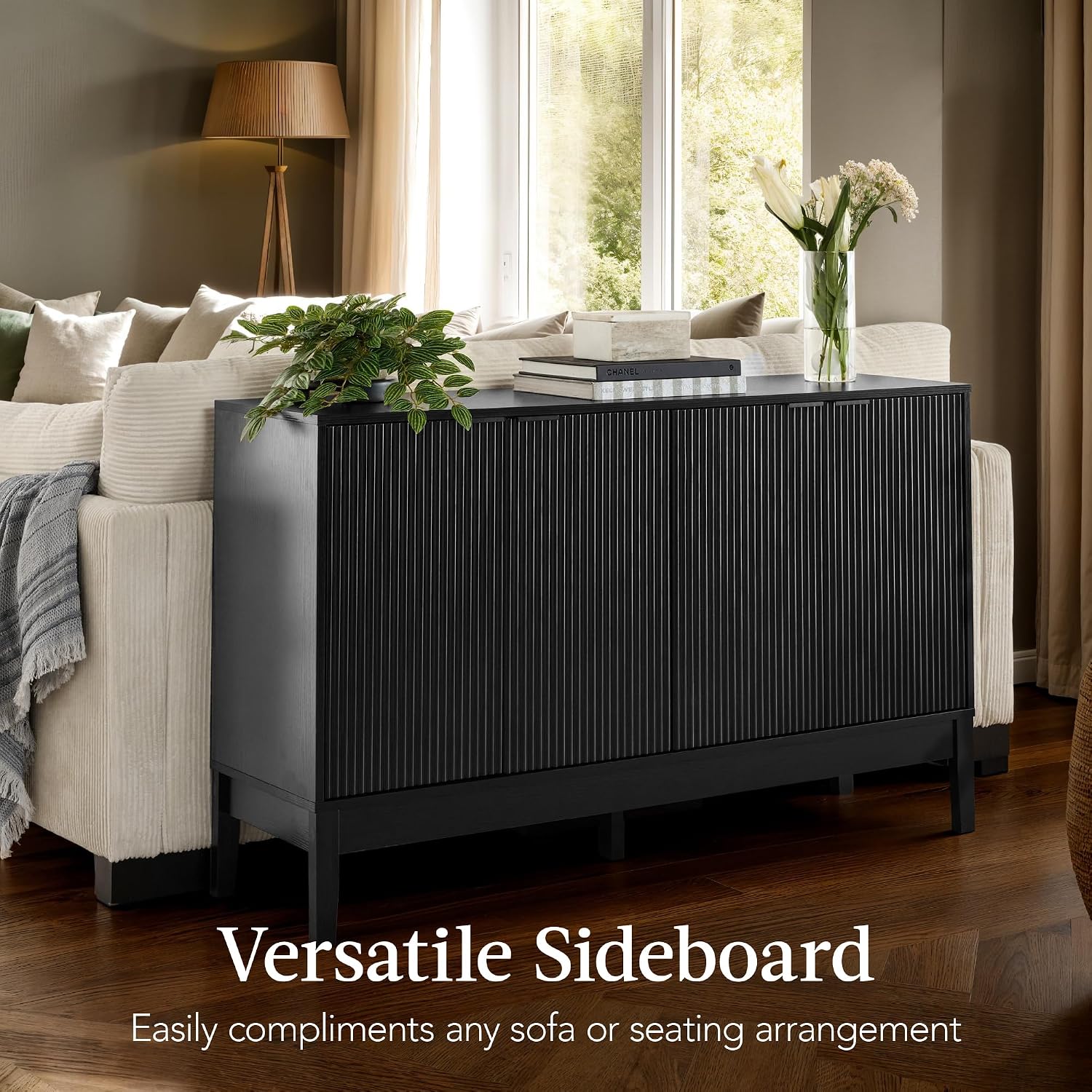 Best Choice Products 55' Modern 4-Door Sideboard Storage Cabinet, Buffet, Media Cabinet, Cupboard, Entryway Accent Table, Bookcase w/Reed Panels and Adjustable Shelves - Black