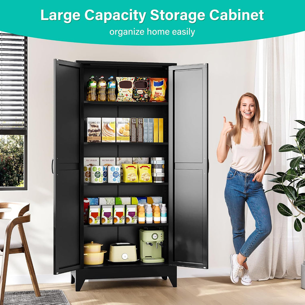 SISESOL 75' Tall Pantry Cabinet,Farmhouse Kitchen Pantry Storage Cabinets with 2 Doors and 4 Shelves,Black Metal Storage Cabinet,Large Cupboard for Home,Kitchen,Dining/Living Room
