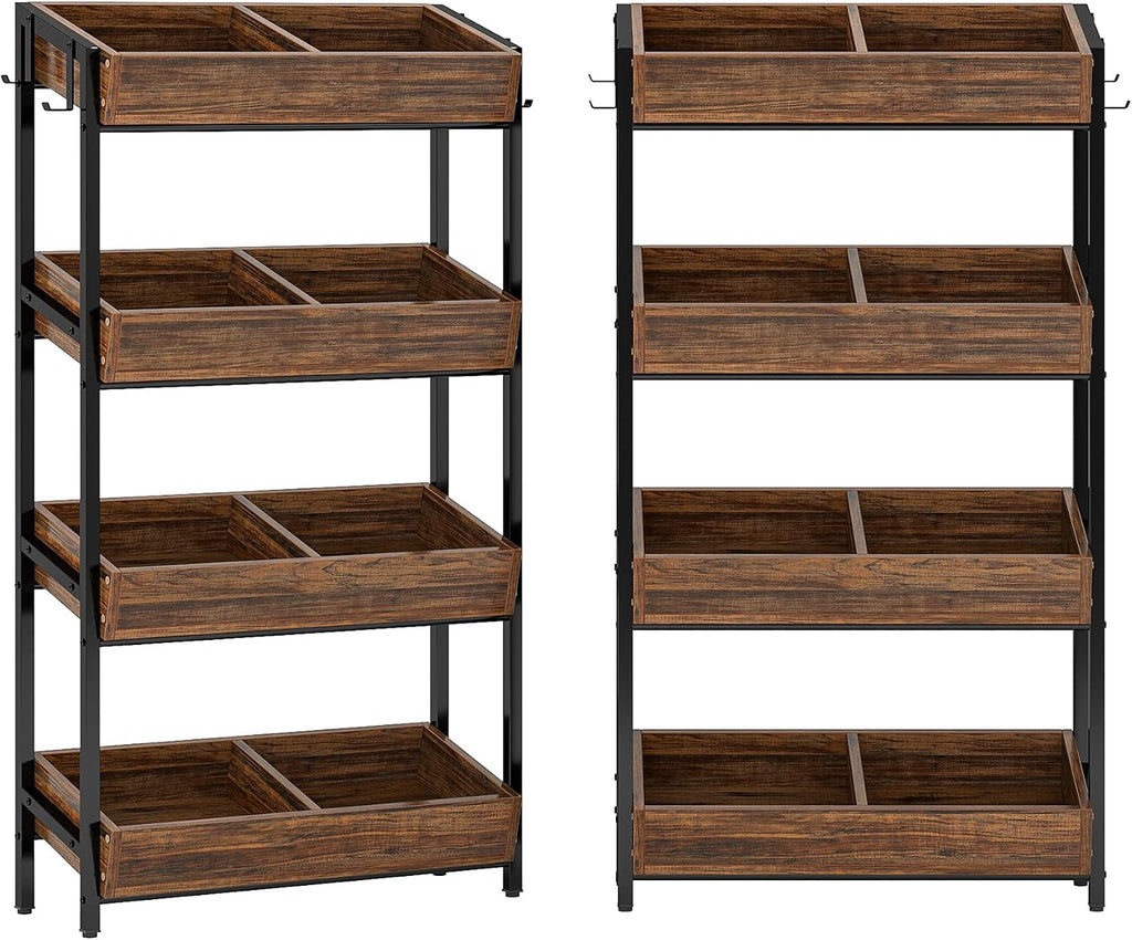LITTLE TREE 4-Tier Wood Fruit Vegetable Storage Basket Stand Set of 2, Versatile Utility Shelf Rack for Kitchen, Office, Store, Supremarket, Vintage Brown