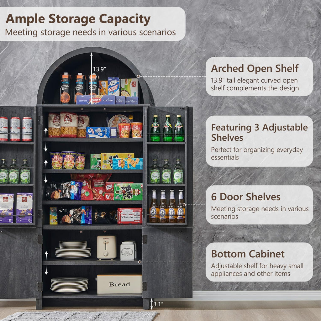IFGET 71' Tall Arched Kitchen Pantry, Modern Fluted Wood Storage Cabinet with Doors, 3 Adjustable Shelves, 6 Door Shelves, Organizer, Versatile Cupboard for Kitchen,Bathroom, Dark Gray