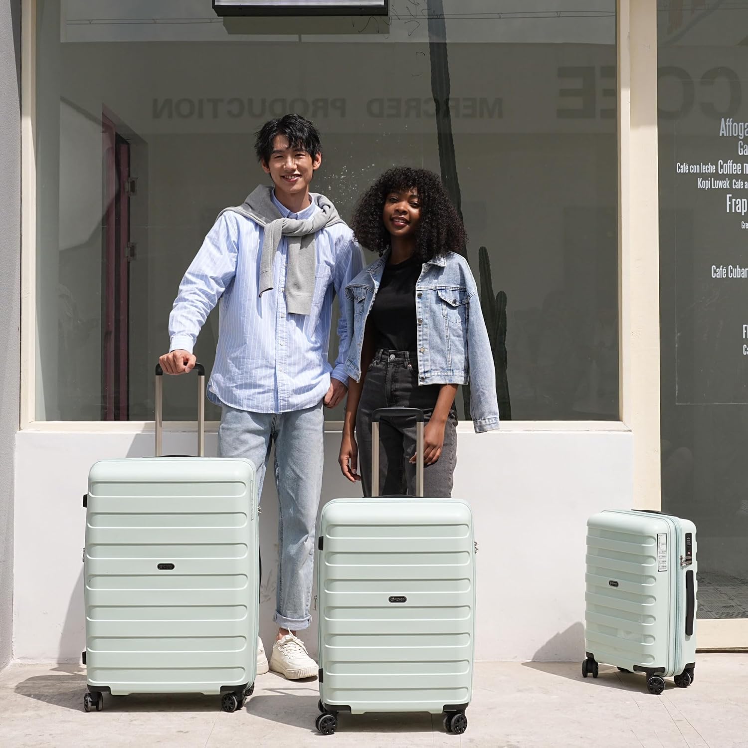 GinzaTravel PP material 3-piece expandable luggage sets with Spinner Wheels， Suitcase with TSA Lock，Large Luggage for Family Travel carry on 20/24/28，Azure water color