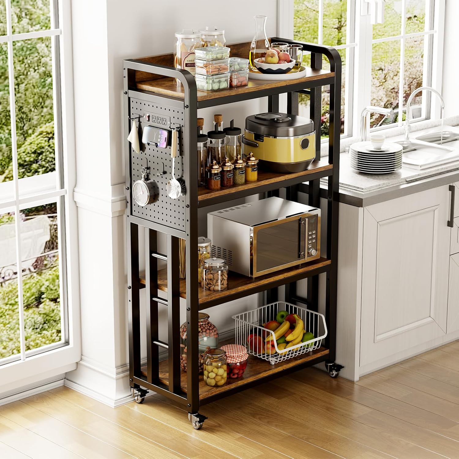 Kitchen Bakers Rack with Power Outlet,With pegboard Bakers Racks,Microwave Oven Stand with Storage 4 Tiers,bakers rack with storage,microwave cart,for Kitchen,Coffee Bar(Vintage Brown,15.75x25.2x55)