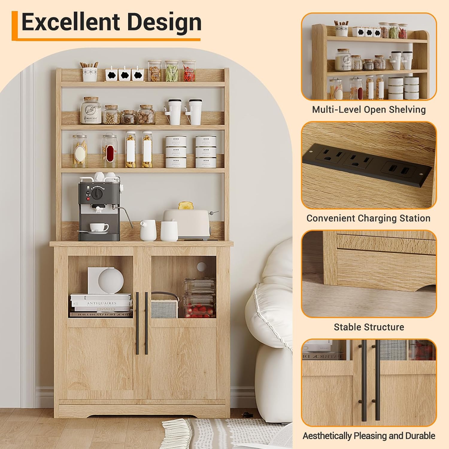Microwave Stand Bakers Rack Cabinet with Power Outlet and Thickened Counter, Freestanding Farmhouse Coffee Bar Cabinet, Tall Kitchen Pantry Hutch with Glass Doors for Dining Room