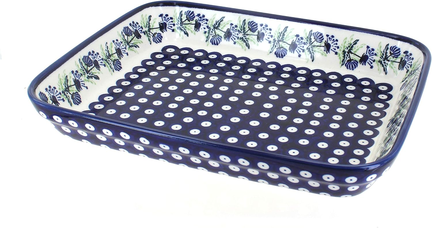 Blue Rose Polish Pottery - Blue Sweet Annie Medium Rectangular Baker - 12' x 9.75' - Unique, Dishwasher Safe, & Durable Bakeware