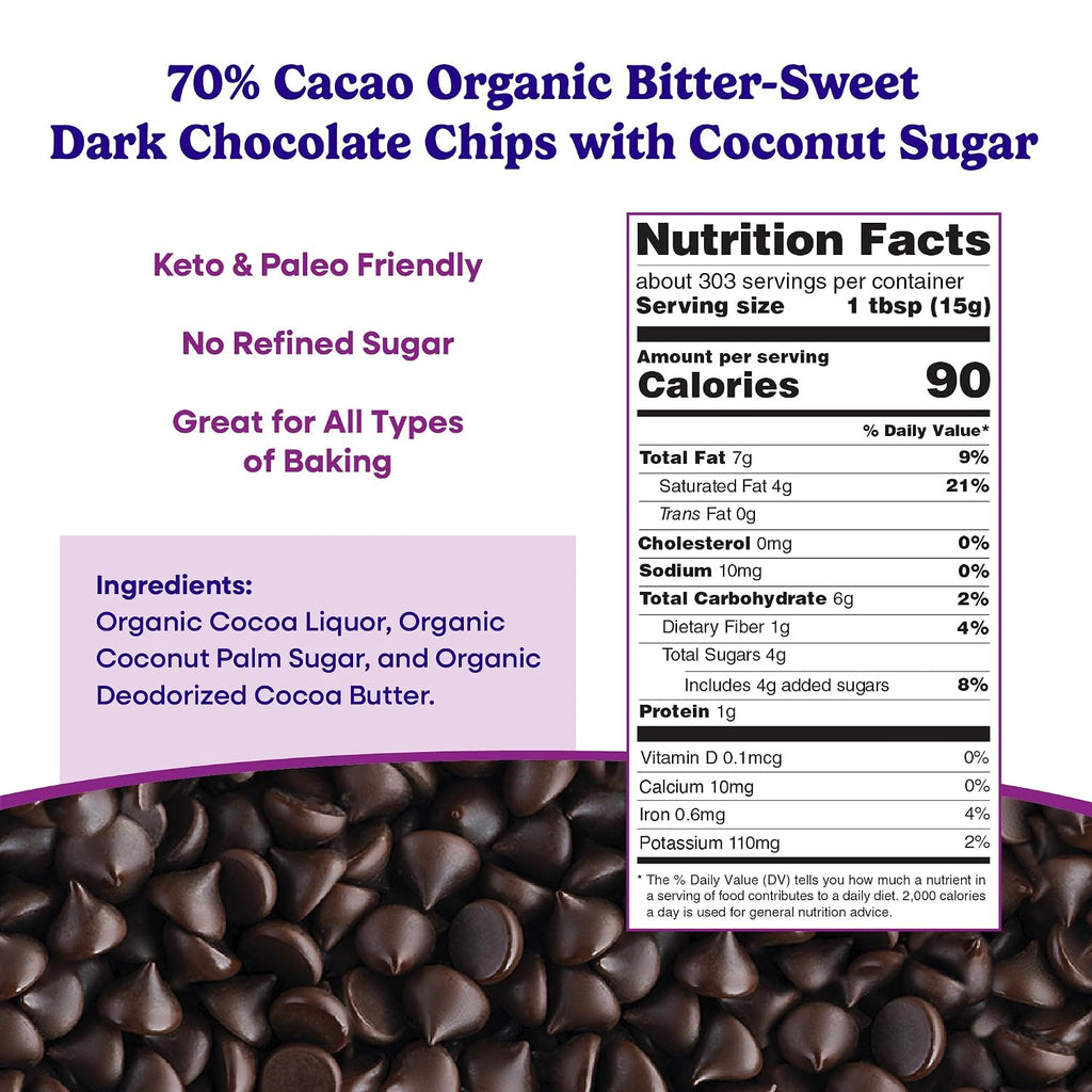 Pascha Organic 70% Cacao Bittersweet Dark Chocolate Chips with Coconut Sugar - Vegan, Non-GMO Bulk Baking Chips - Rainforest Alliance Certified - Allergen-Free (10 lbs)