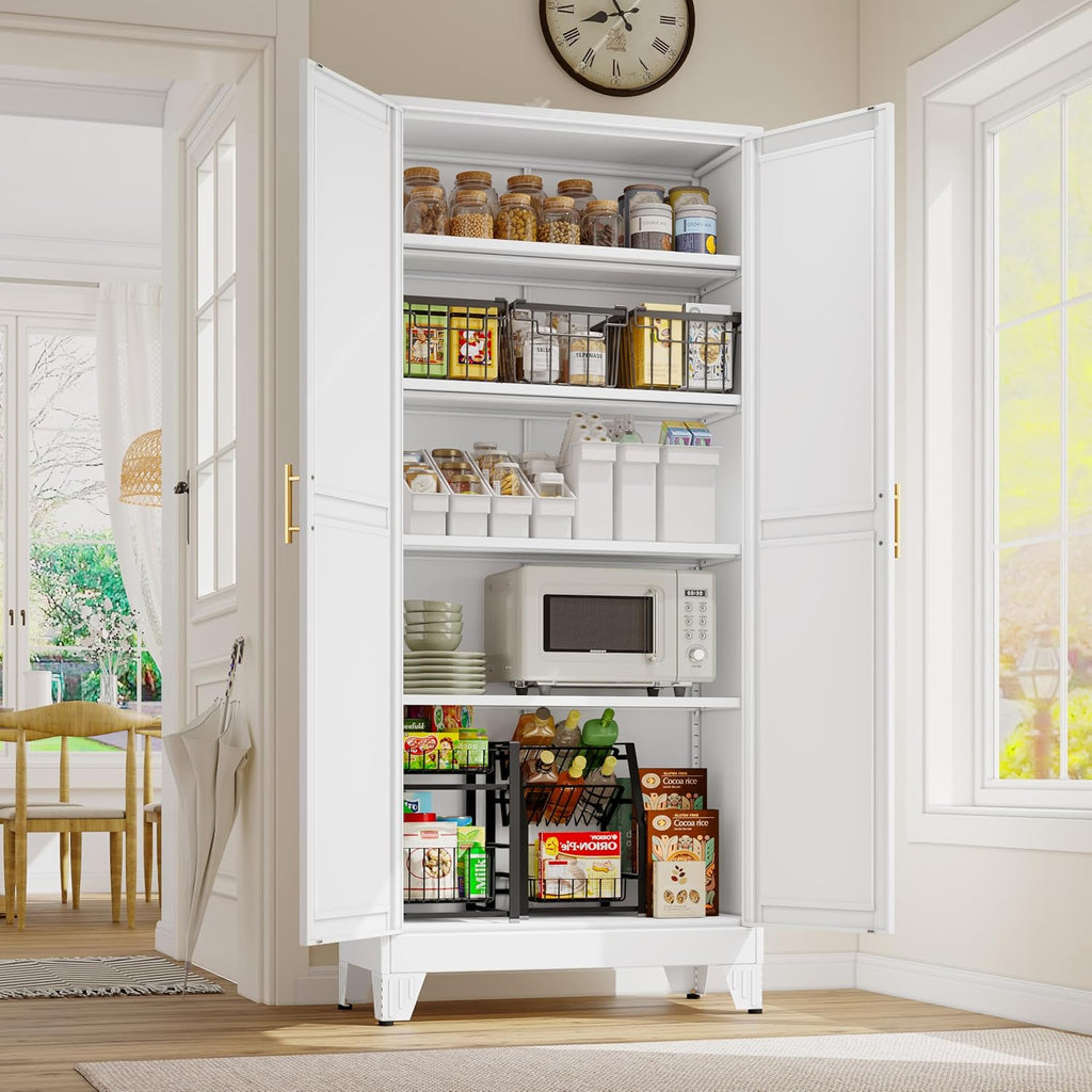 GAIOUS 71' Tall Metal Storage Cabinet with 2 Doors and 4 Adjustable Shelves, Kitchen Pantry Cabinet White Freestanding Cupboard, 5 Tier Multifunctional Steel Storage for Office, Kitchen, Dining Room