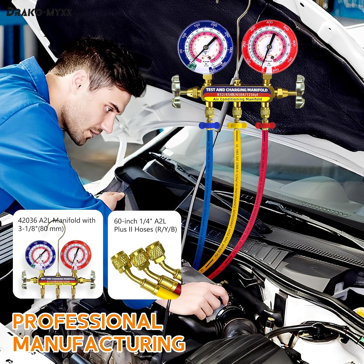 Upgrade 42036 Test & Charging Manifold with 3-1/8'(80 mm) Gauges, A2L Compatible, 2-Valve, 60' Refrigerant Hose, Color-Coded Scales, HVAC Manifold for R32/454B/410A/1234yf,Y/R/B Hoses
