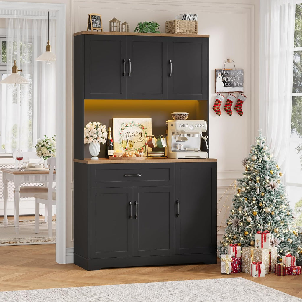HIFIT 71' LED Kitchen Pantry Cabinet with Power Outlet, Tall Hutch Storage Cabinet with Microwave Stand & 6 Door Shelves, Modern Food Pantry Cabinets with Drawer for Kitchen Dining Living Room, Black
