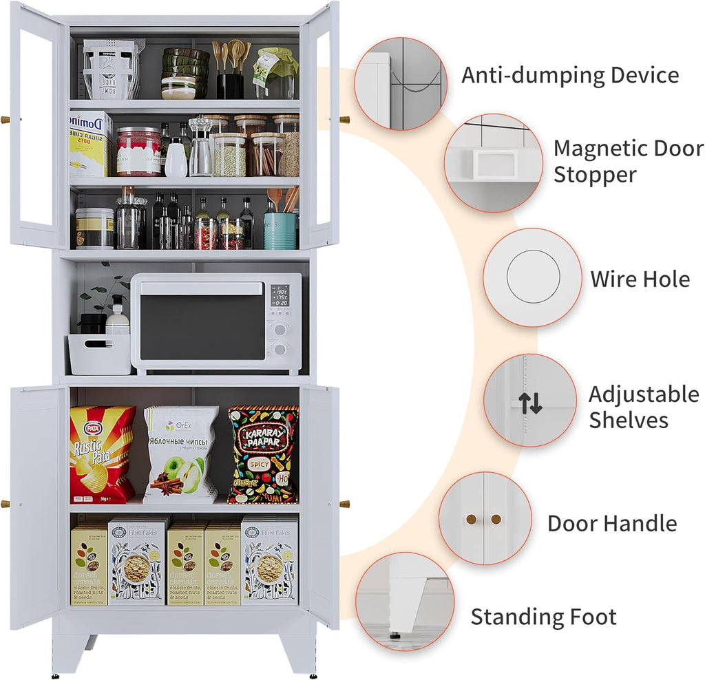 68.9'' Metal Kitchen Pantry Cabinet with Doors and Adjustable Shelves, Hutch Cabinet with Microwave Storage, Kitchen Cabinet Storage for Living Room, Bathroom, Home (White-Glass)
