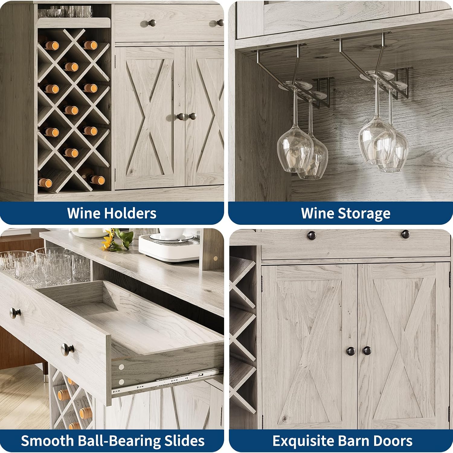 Coffee Bar Cabinet with Power Outlet & Exquisite Barn Doors, Sideboard Buffet Cabinet with Wine Bottle Rack, Storage Cabinet for Kitchen, Dining Room