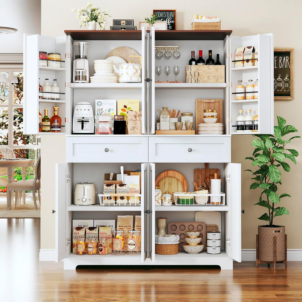 HUAHUU 71' Kitchen Pantry Cabinet with 6 Door Shelves, Tall Pantry Storage Cabinet with 8 Doors & 4 Adjustable Shelves, Modern Kitchen Pantry with 2 Large Drawers for Dining Room, Living Room, White