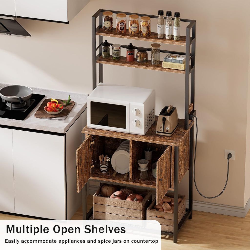 Katutude Kitchen Baker's Rack with Storage Cabinet,5-Tier Baker with Power Outlets Wood Dish Cabinet Metal Spice Rack Microwave Oven Stand for Kitchen Dining Room Brown