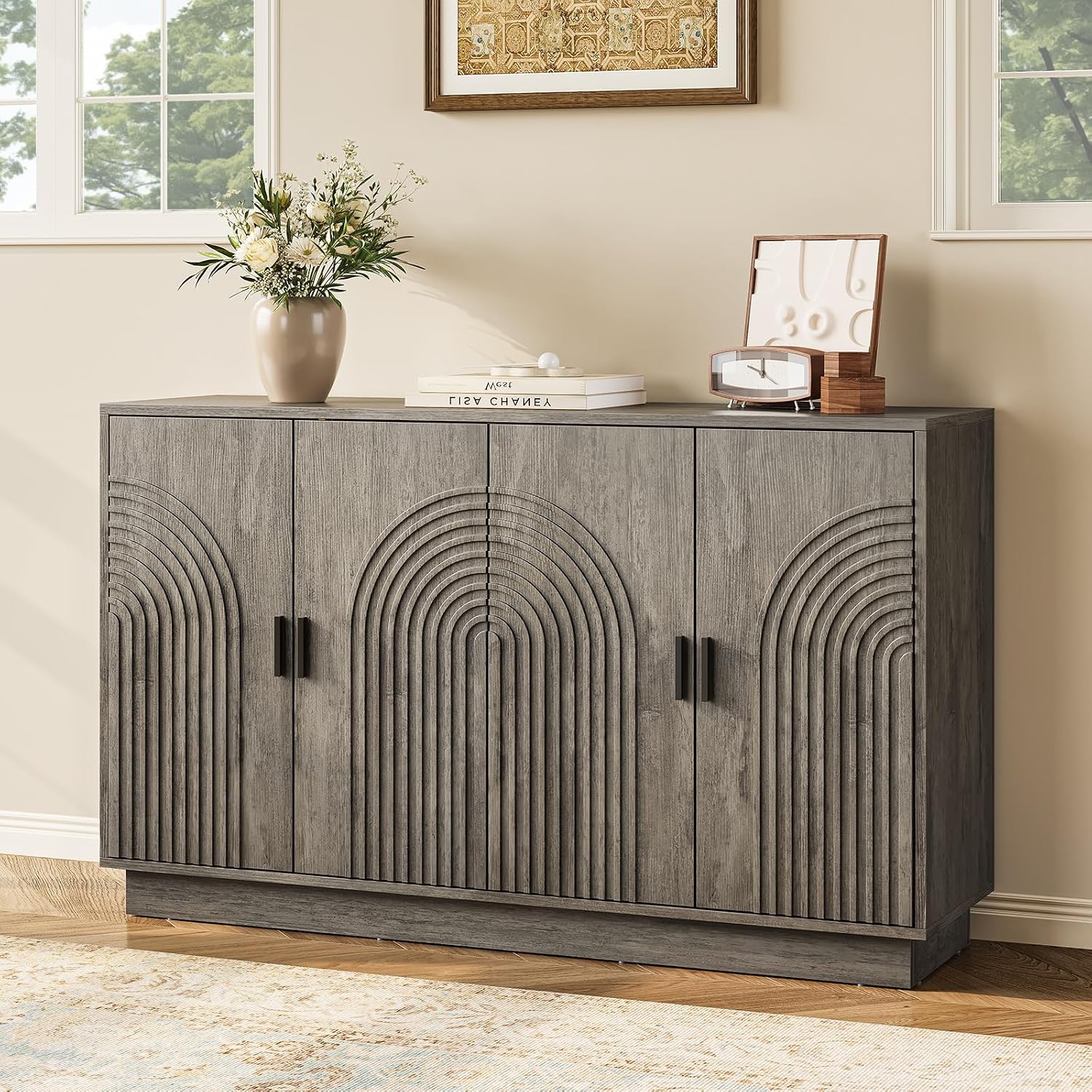 Fluted Sideboard Buffet Cabinet with Storage - 57' Credenza Coffee Bar Cabinet with 4 Doors, Accent Kitchen Storage Cabinets with Adjustable Shelves for Living & Kitchen, Entryway, Modern