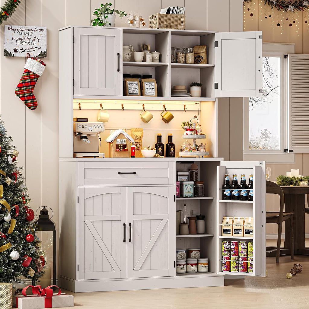 ONBRILL 71' Pantry Cabinet, Kitchen Pantry Storage Cabinet with LED Light & Outlet, Kitchen Hutch with Microwave Shelf & 6 Hooks, Door Shelves & Drawer & Adjustable Shelves, for Dining Room