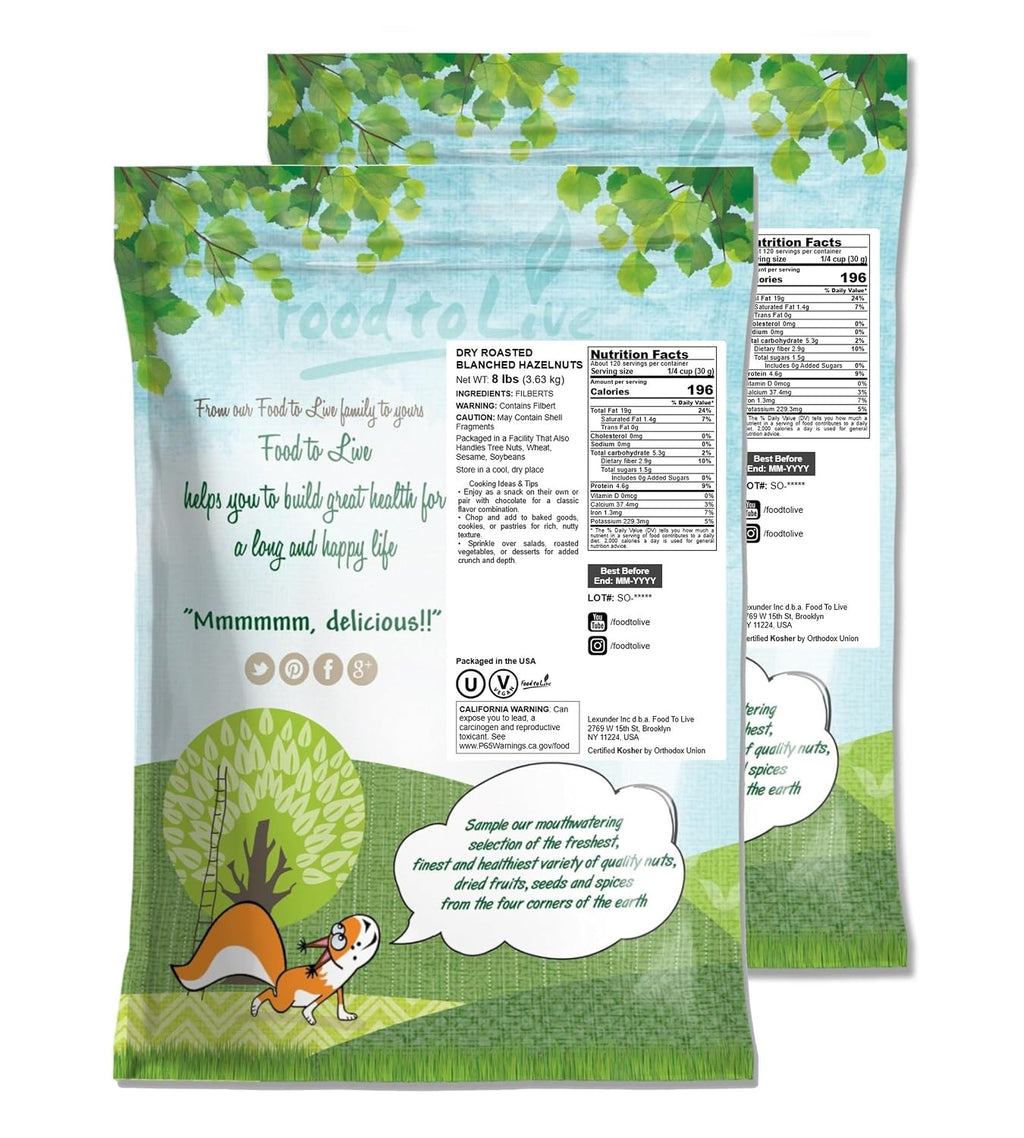 Food to Live -Dry Roasted Blanched Hazelnuts, 16 Pounds – Unsalted, Oven Roasted Whole Filberts, No Oil Added, No Skin, Vegan, Kosher, Bulk. Great for Homemade Desserts