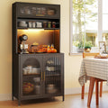 BECHEAO 5 Tier Metal Kitchen Pantry Storage Cabinet with LED Sensor Light, 66' Tall Food Pantry Cabinet, DIY Pegboard, Adjustable Shelves, Microwave Stand & Coffee Bar with Storage for Kitchen, Black