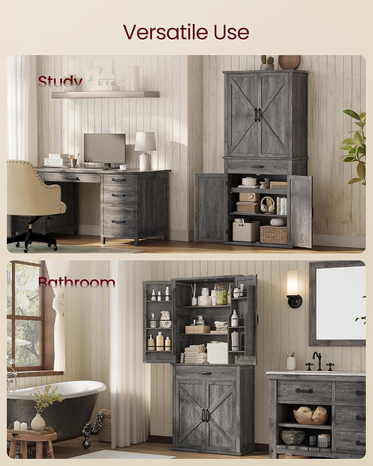 VASAGLE LIRY Collection - Pantry Cabinet, 70.3-Inch Tall Farmhouse Kitchen Storage Cabinet with Barn Doors, Drawer, Tray, Adjustable Shelves, for Kitchen, Dining Room, Misty Gray UBBK364G01