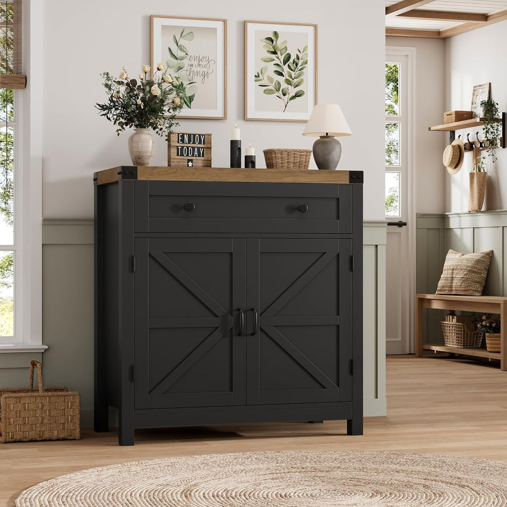 HOSTACK Coffee Bar Cabinet, Kitchen Storage Cabinet, Modern Farmhouse Buffet Sideboard with Drawer & Adjustable Shelf, Barn Door Accent Cabinets for Kitchen, Dining Room, Entryway, Black/Rustic Brown
