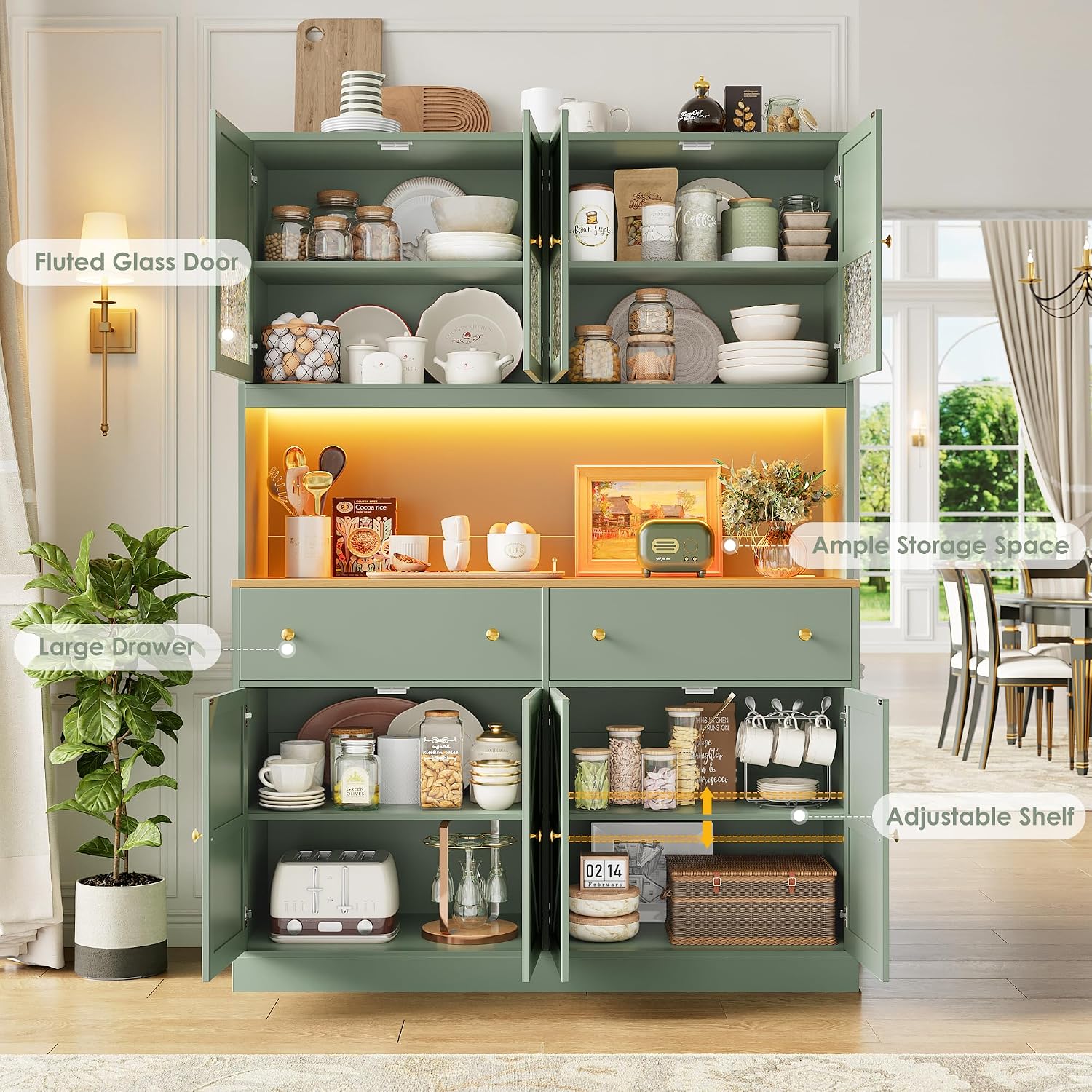 FINETONES 71' Pantry Cabinet with LED Light and Charging Station, Farmhouse Kitchen Pantry Cabinet with Microwave Stand, 47.2' Wide Kitchen Hutch Food Pantry with Open Countertop, Green