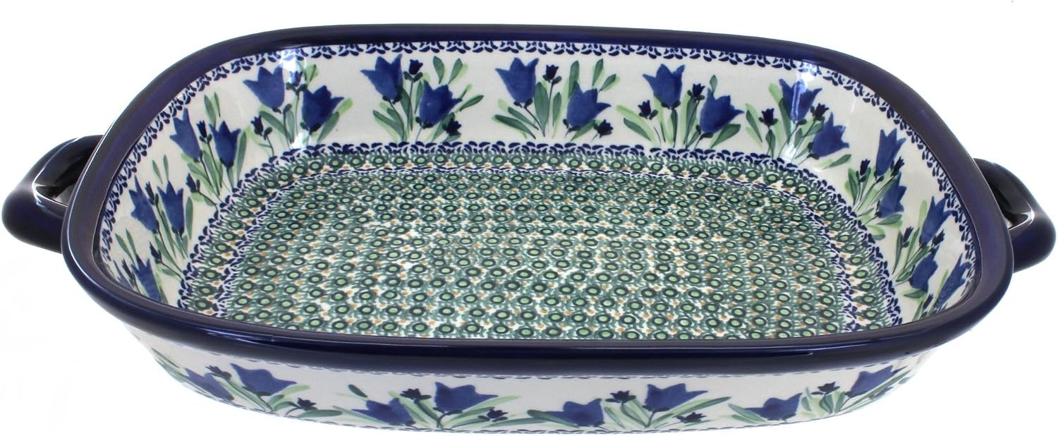 Blue Rose Polish Pottery - Blue Tulip Large Baker with Handles - 14.5' x 10.75' - Unique, Dishwasher Safe, & Durable Bakeware