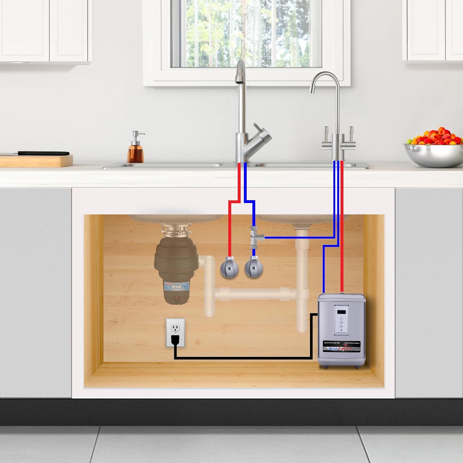Ready Hot 41-RH-300-F560-CH Instant Hot Water Dispenser System, 2.5 Quarts, Digital Display Dual Lever Hot and Cold Water Faucet Polished Chrome