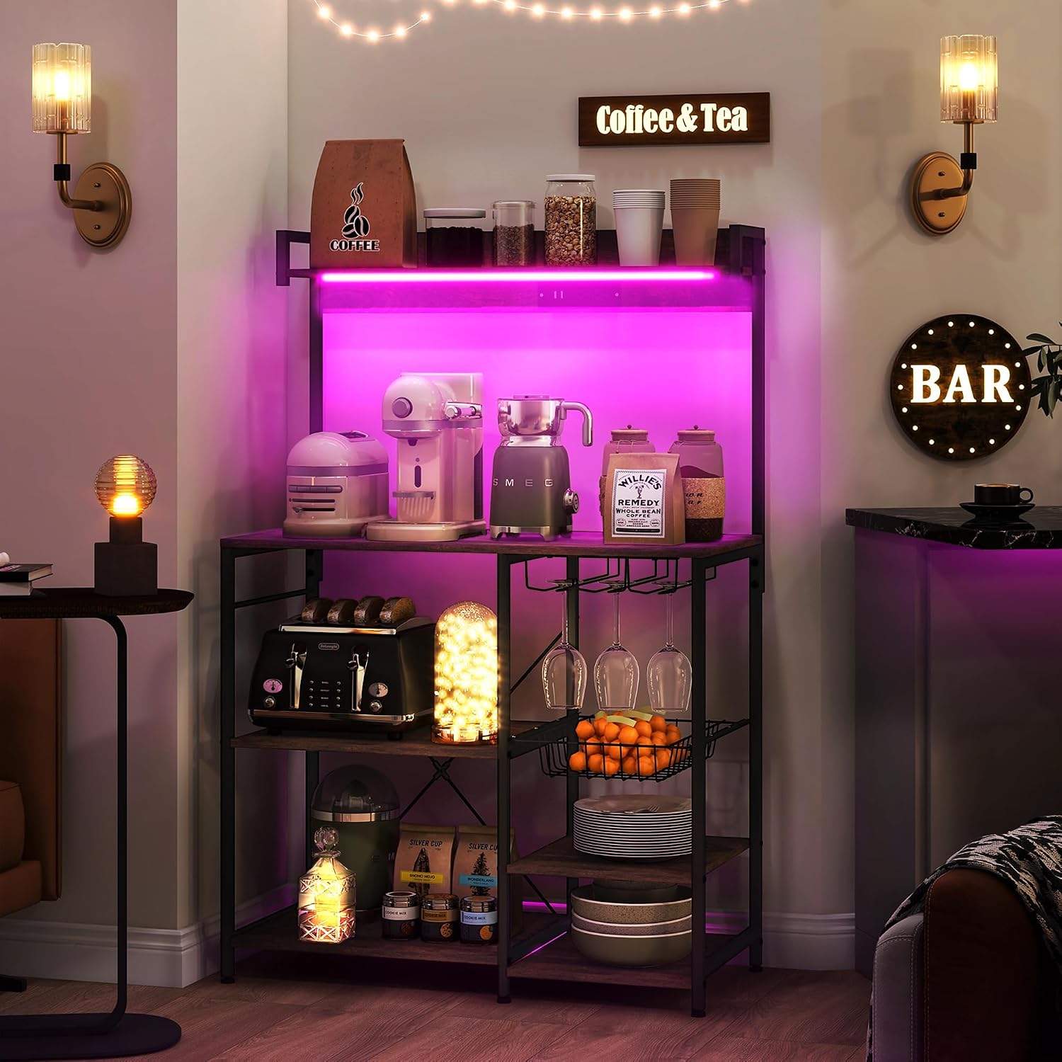Rack with Power Outlet and LED Lights, Bakers Racks for Kitchens with Storage, Industrial Microwave Stand with Glass Holders, Metal Basket, Multiple Shelves, Rustic Brown